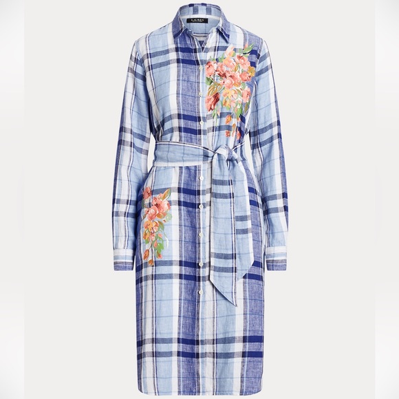 New Ralph Lauren Floral & Plaid Lightweight Linen Button Down Shirtdress Midi - Picture 4 of 15